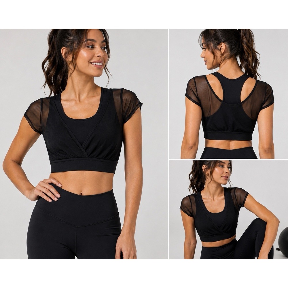 Halara Black Mesh Layered Sports Bra XS  Crop Top Activewear